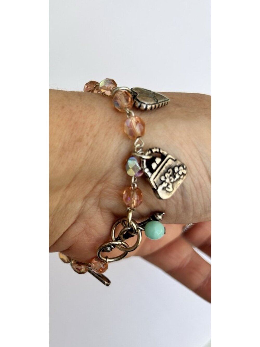 Pink Iridescent Silvertone Beaded Floral Charm Bracelet Ma Angel Dragonfly